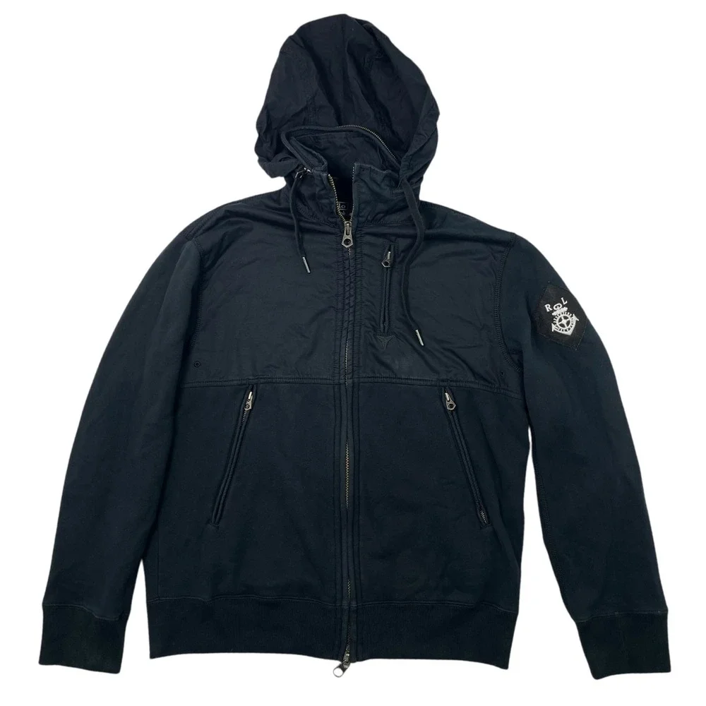 VTG Polo Ralph Lauren Men's Fleece Zip Jacket Black Optional Hood Nautical M
